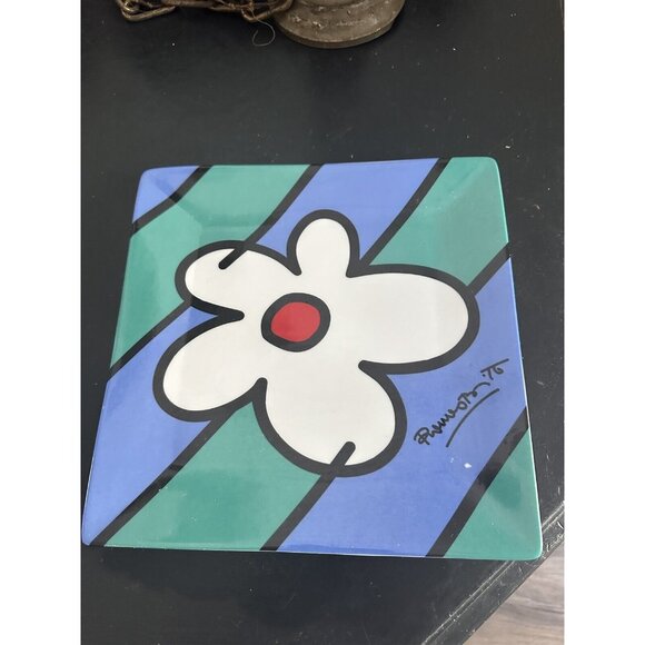 Romero Britto Plate Decorative Square Flower Daisy Blue Large - Picture 1 of 6